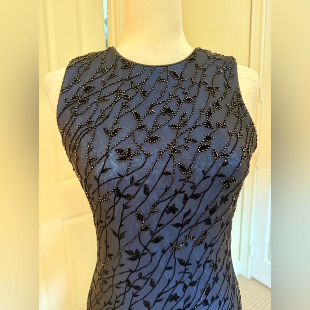 Rimini Elegant Black and Blue Beaded Floral Dress, Size 8P